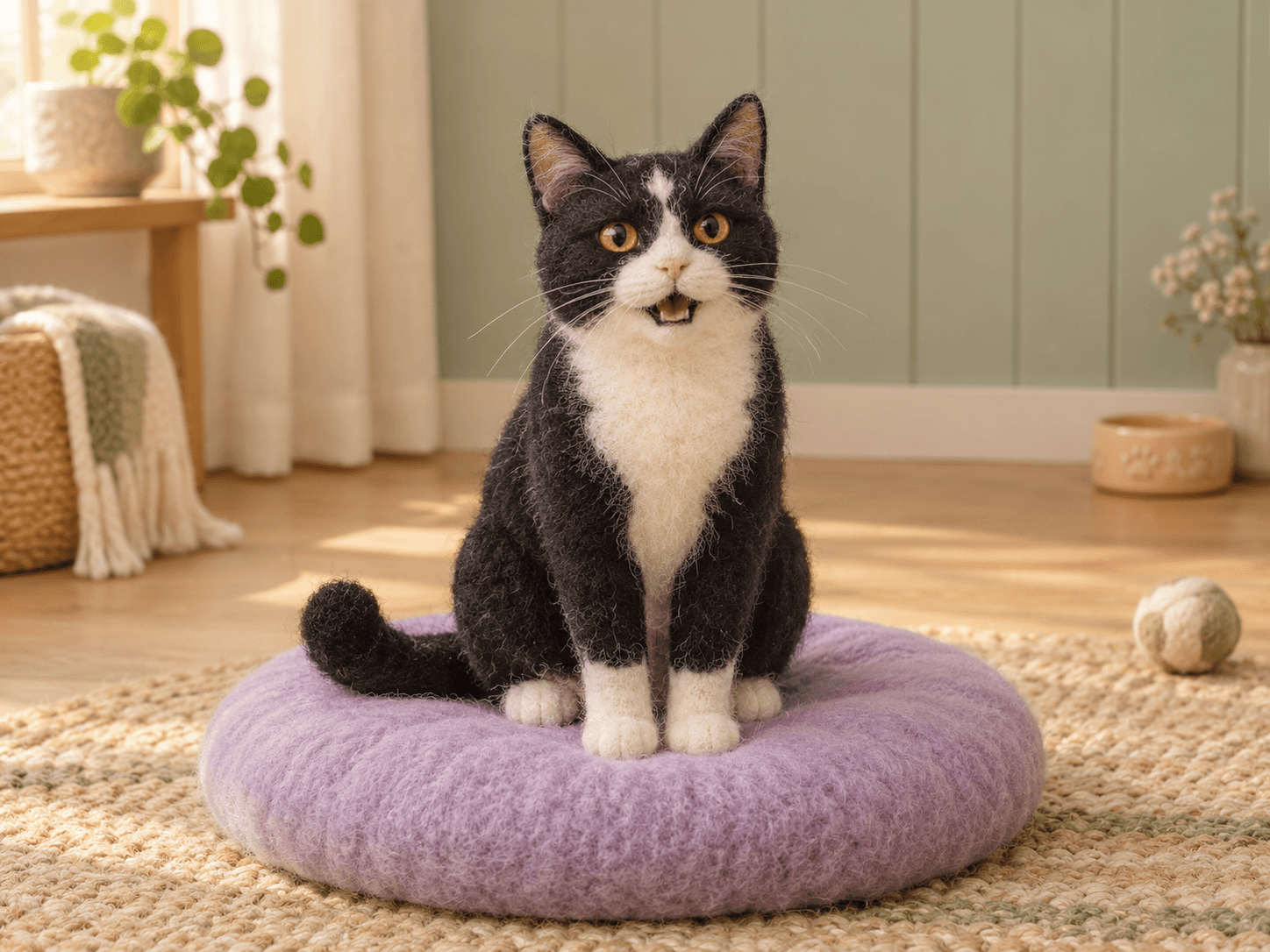 A curious tuxedo cat making a little meow in a soft lavender room