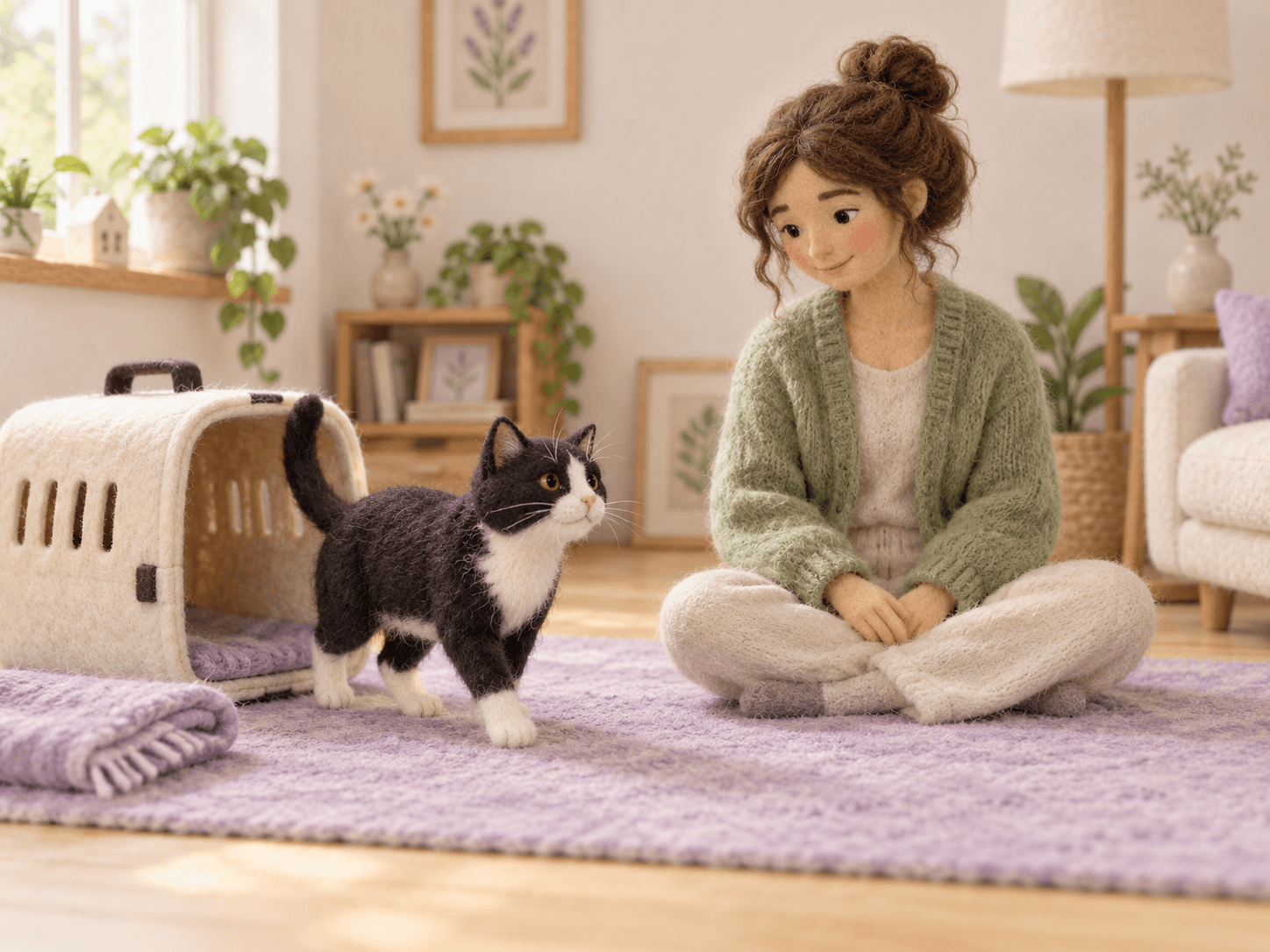 Felt-style tuxedo cat leaving an open carrier while a woman sits nearby on a lavender rug.