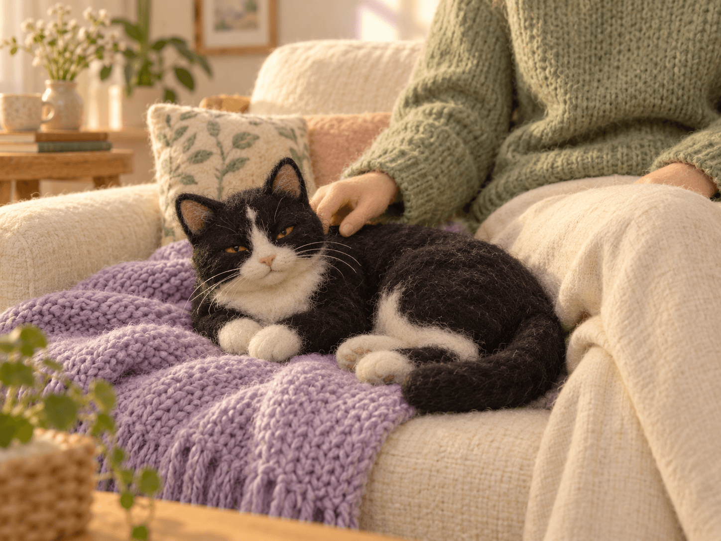 A relaxed tuxedo cat resting on a lavender blanket beside a gentle hand