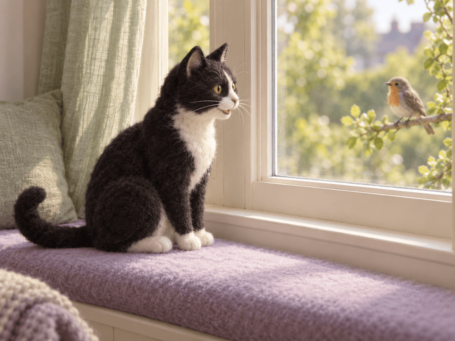A tuxedo cat watching a small bird through a closed window