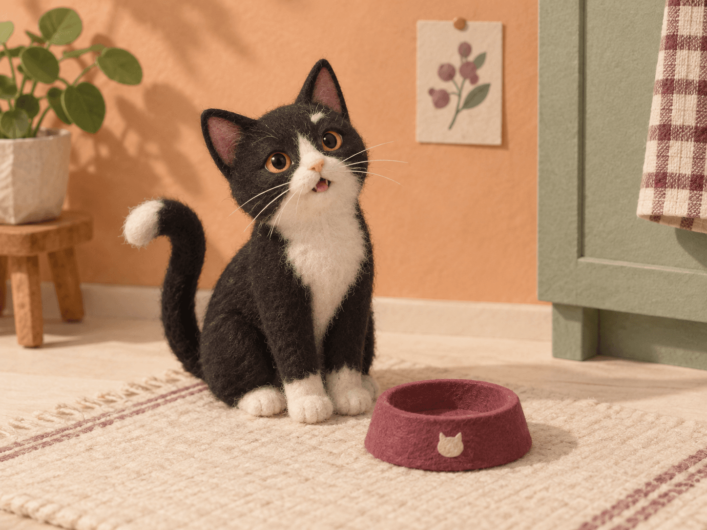 A felt tuxedo cat meowing beside its food bowl