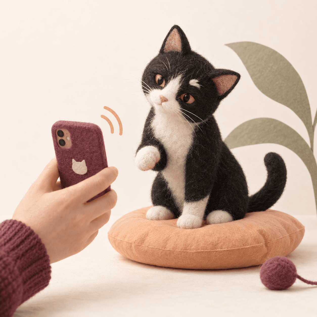 An original felt tuxedo cat curiously listening to a phone held nearby