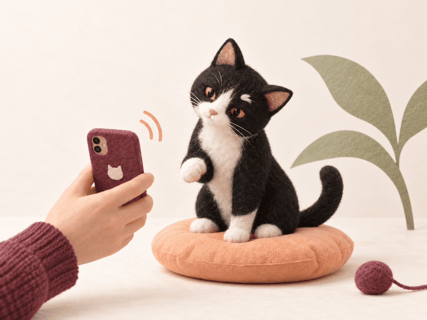 A felt tuxedo cat listening to a phone held nearby