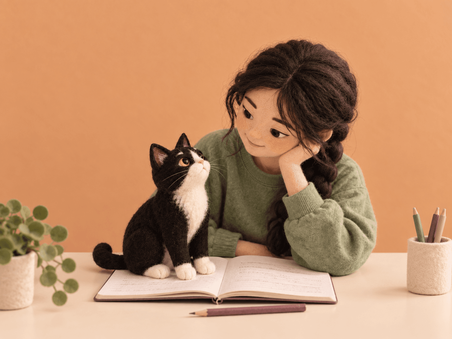 A woman talking to a felt tuxedo cat beside an open notebook