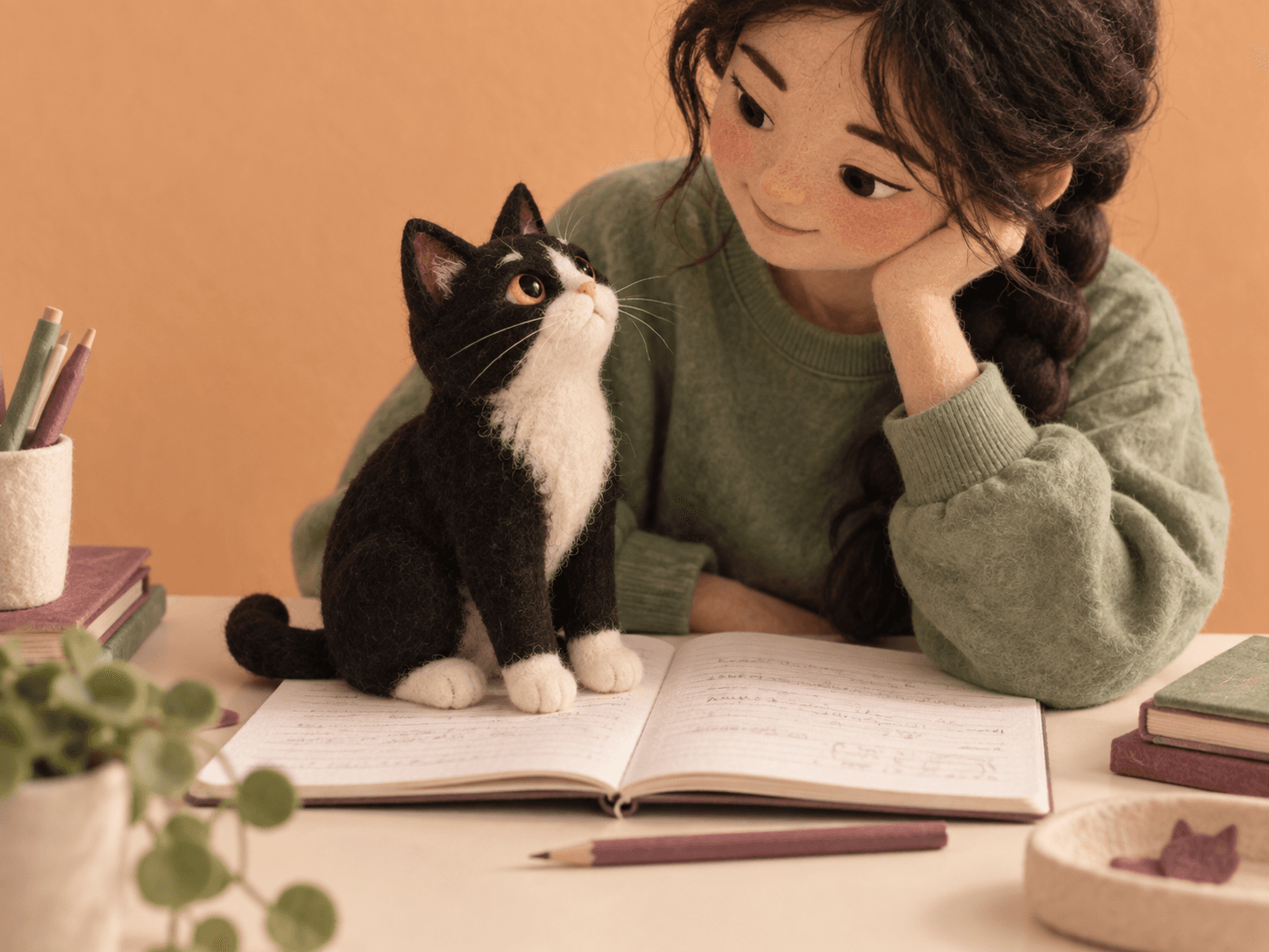 An original felt cat claiming a student’s notebook