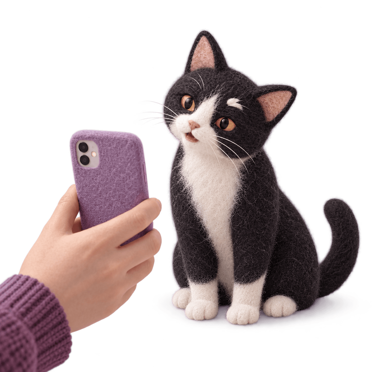 A seated tuxedo cat meowing toward a phone held nearby, with only the back of the phone visible